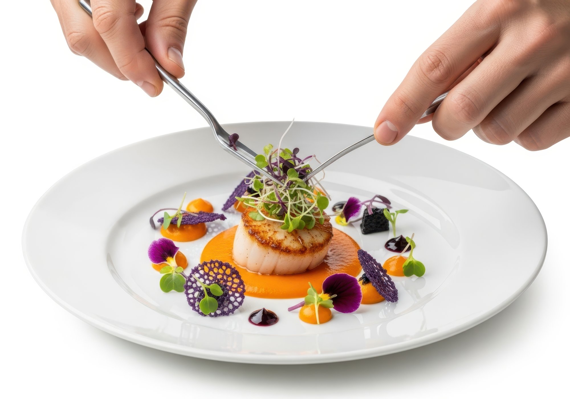 Instructor preparing a plated dish in a modern kitchen